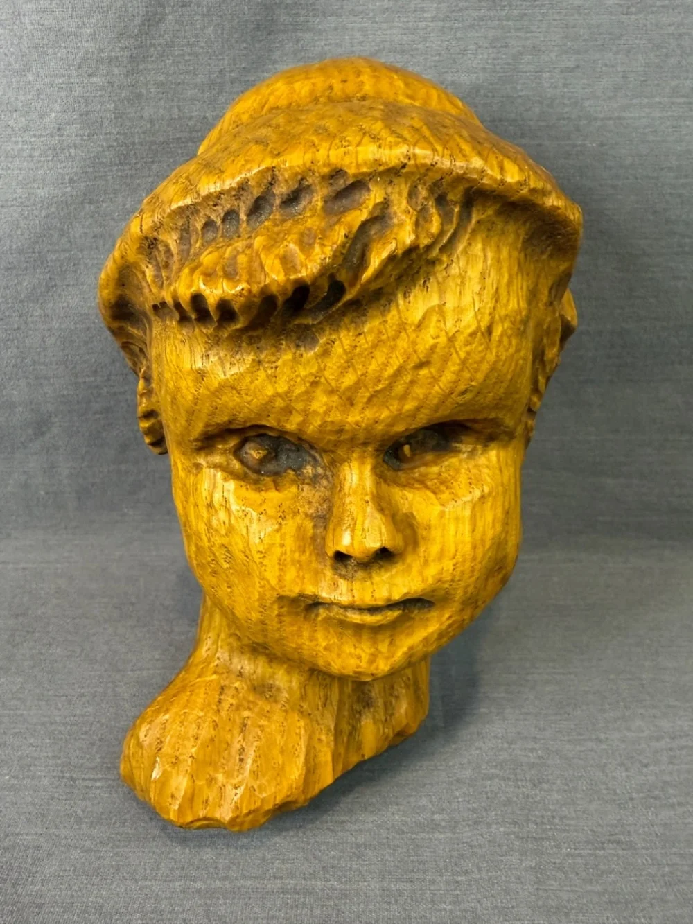 Hand Carved Wooden Bust Boy Child Folk Art Alt Waltersdorf Michigan Vintage